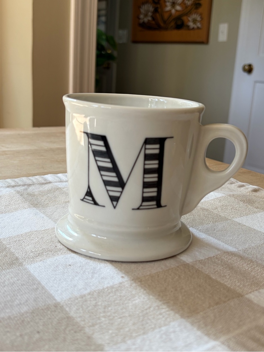 Anthropologie Classic Monogram Cream Ceramic Mug with Black Striped 'M'
